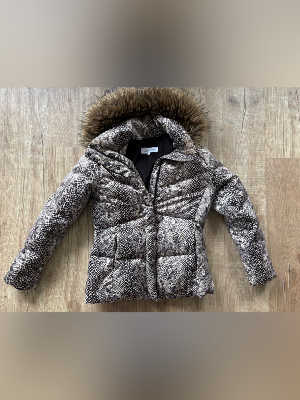 Calvin Klein Snake-Print Faux-Fur Hooded Puffer Jacket Sz Xs